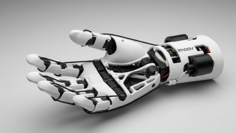 Robotic hand with 'imoov' branding on a gray background